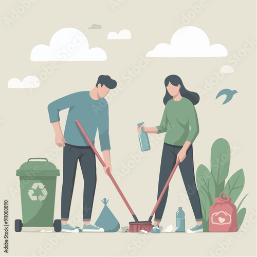 people cleaning nature by collecting garbage into trash bags. Family working together and picking plastic litter. Colored flat vector illustration isolated on white background