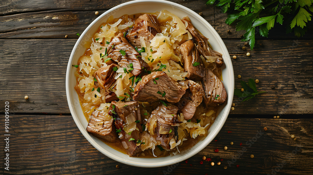 Savory braised beef with cabbage and onion presented on a rustic wooden table with a white plate Savory braised beef with cabbage and onion presented on a rustic wooden table with a white plate
