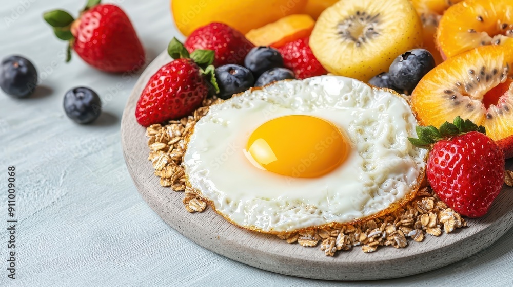 A breakfast platter with a sunny-side-up egg, fresh fruits, and granola, a balanced and nutritious start A breakfast platter with a sunny-side-up egg, fresh fruits, and granola, a balanced and nutritious start