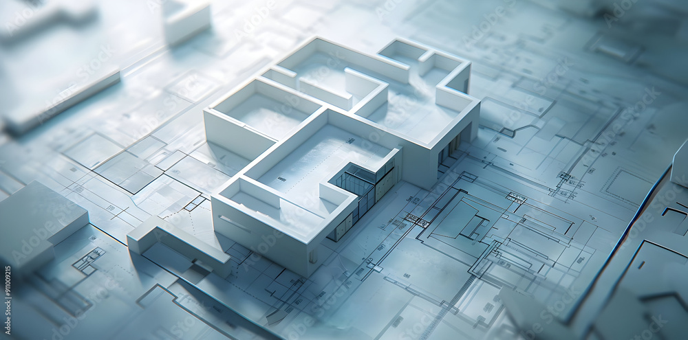 3D Model of a House on Blueprint - Architectural Design 3D Model of a House on Blueprint - Architectural Design