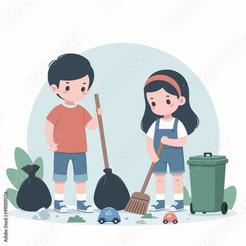people cleaning nature by collecting garbage into trash bags. Family working together and picking plastic litter. Colored flat vector illustration isolated on white background