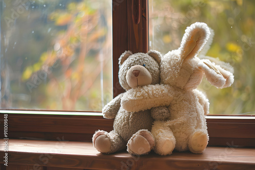 Best friends teddy bear and bunny toy sitting on brown window sill hugging each other and looking out of window on vintage tone. Love, family and friendship background.