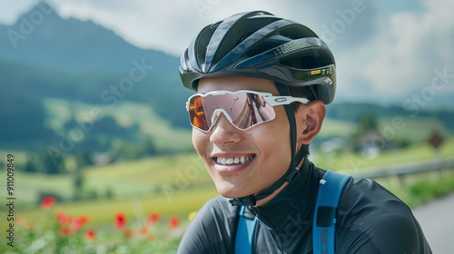 Gentle cyclist riding through towering mountain peaks