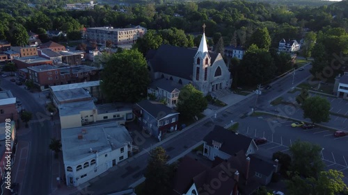 Drone shot over Coaticook City Center in evening photo