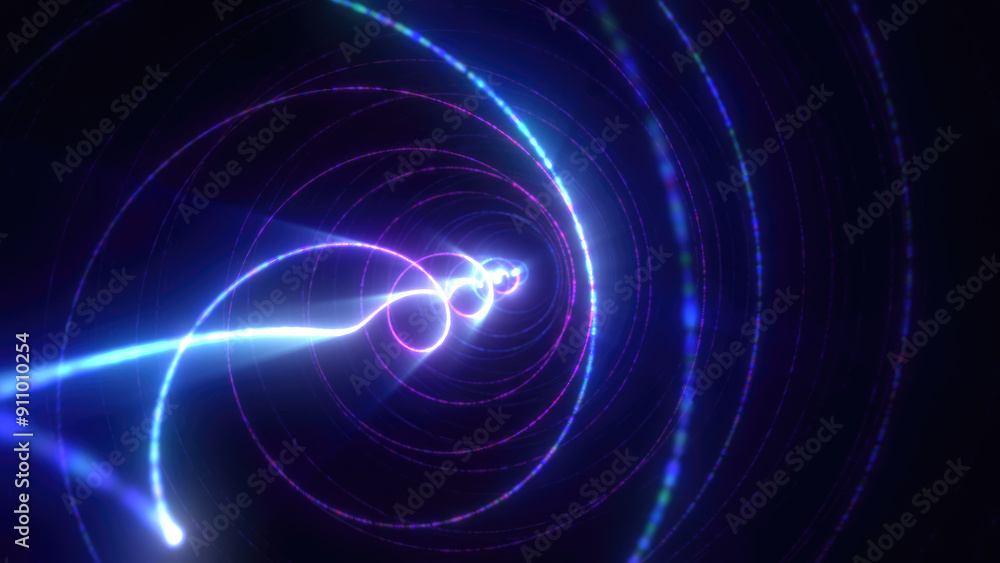 Obraz premium Abstract bright blue background tunnel with flying lines of energy particles and light rays