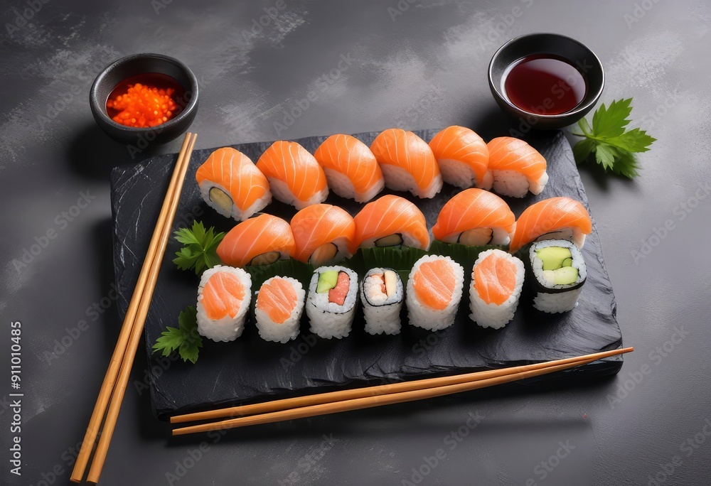 Set of sushi with ingredients salmon, ginger, wasabi and chopstick on stone background. delicious japan food, ai Set of sushi with ingredients salmon, ginger, wasabi and chopstick on stone background. delicious japan food, ai