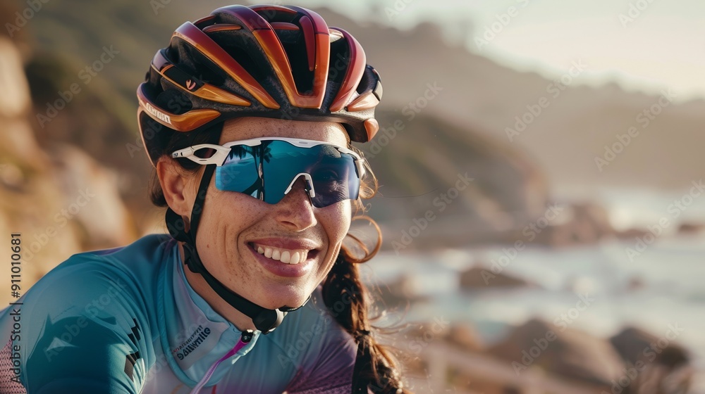 Coastal adventure with a happy woman cyclist Coastal adventure with a happy woman cyclist