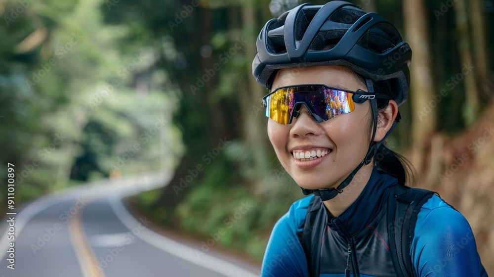 Smiling woman cyclist navigating a mountain road in the forest Smiling woman cyclist navigating a mountain road in the forest