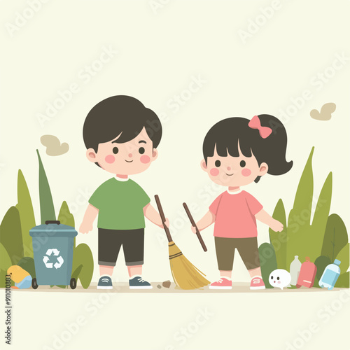 people cleaning nature by collecting garbage into trash bags. Family working together and picking plastic litter. Colored flat vector illustration isolated on white background