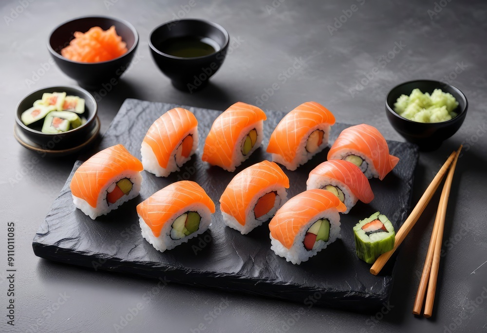 Set of sushi with ingredients salmon, ginger, wasabi and chopstick on stone background. delicious japan food, ai Set of sushi with ingredients salmon, ginger, wasabi and chopstick on stone background. delicious japan food, ai