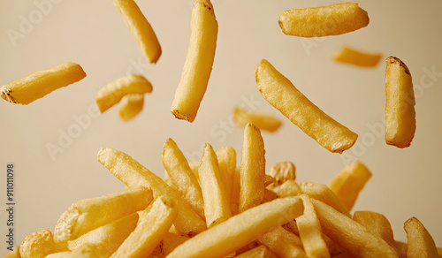 A pile of golden French fries on a beige background photo