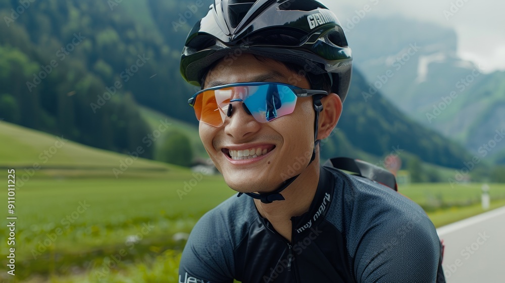 Smiling Asian man cycling on a mountain road Smiling Asian man cycling on a mountain road