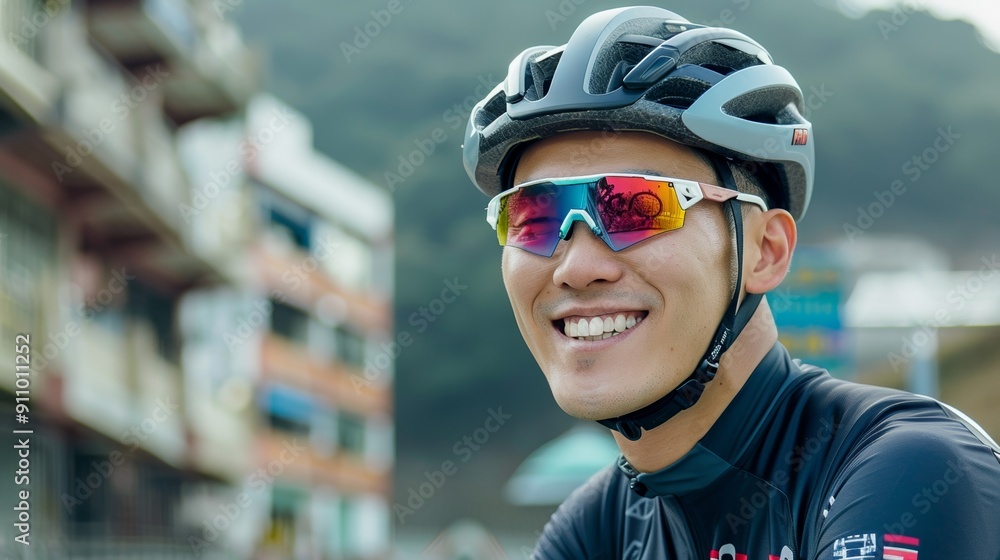 Smiling Asian man cycling through the city streets Smiling Asian man cycling through the city streets