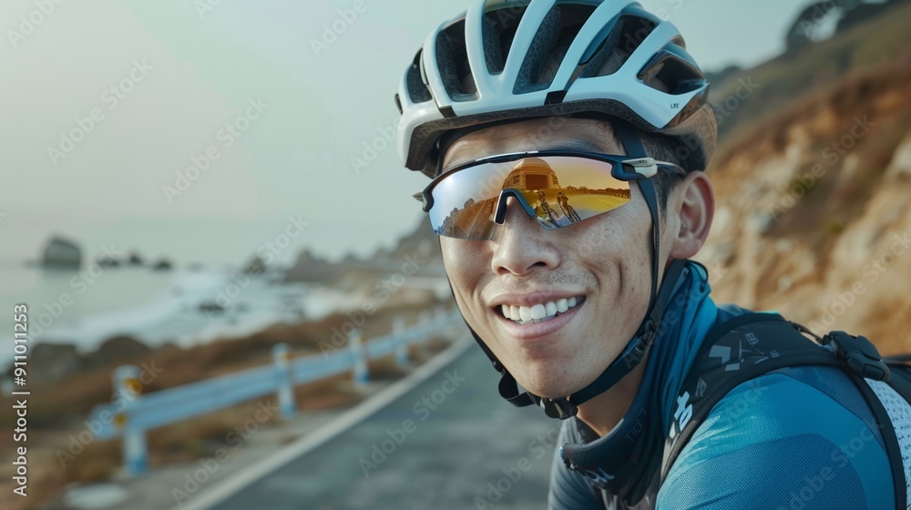 Smiling cyclist on a coastal adventure Smiling cyclist on a coastal adventure