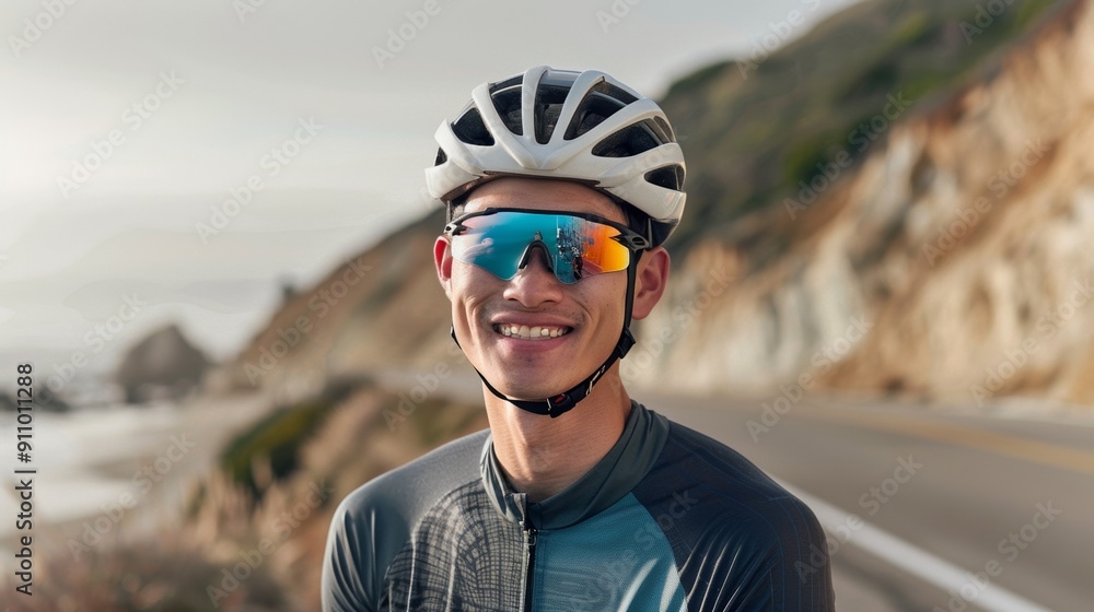 Reflective glasses-wearing cyclist by the seashore Reflective glasses-wearing cyclist by the seashore