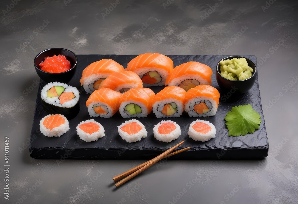 Set of sushi with ingredients salmon, ginger, wasabi and chopstick on stone background. delicious japan food, ai Set of sushi with ingredients salmon, ginger, wasabi and chopstick on stone background. delicious japan food, ai