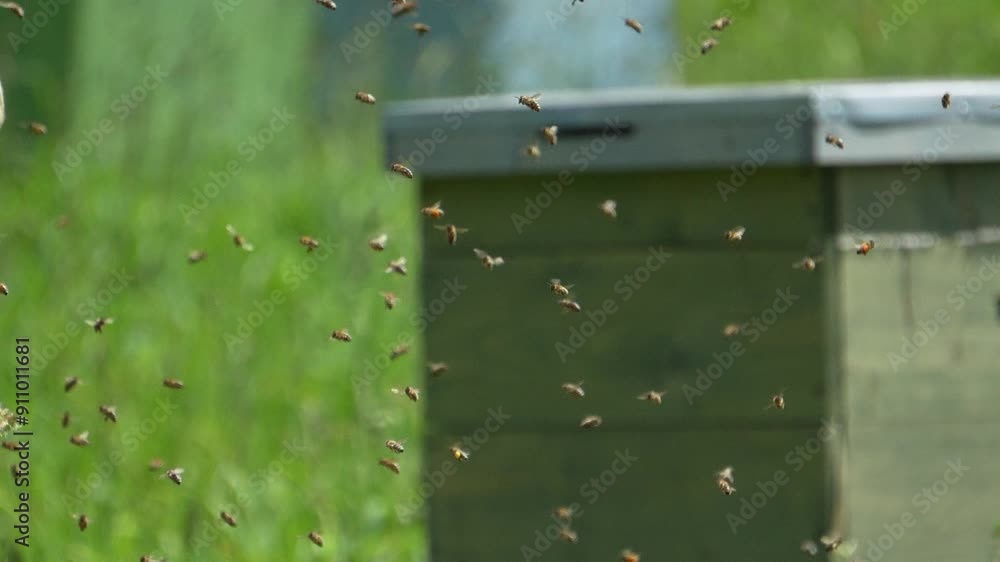 Many bees fly near the beekeeper, bees fly randomly, slow motion video 4k Many bees fly near the beekeeper, bees fly randomly, slow motion video 4k