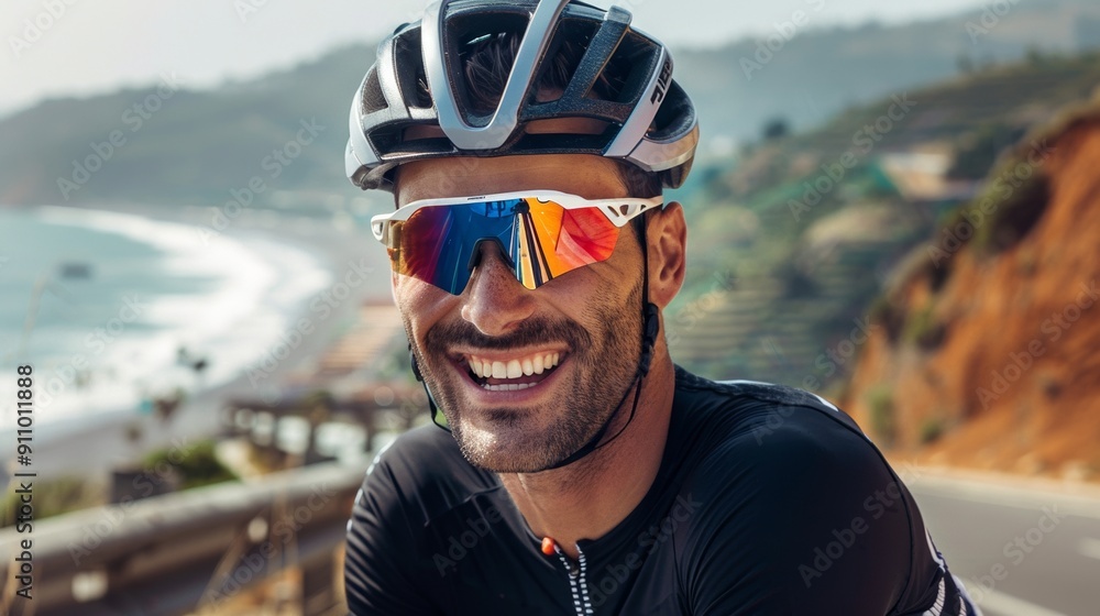 Portrait of a smiling European man cycling by the seashore Portrait of a smiling European man cycling by the seashore