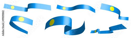 Set of holiday ribbons. Palau flag waving in wind. Separation into lower and upper layers. Design element. Vector on white background