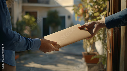 Wallpaper Mural Person in Blue Shirt Delivering Large Envelope at Door, 4K HD Torontodigital.ca