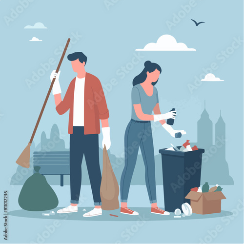 people cleaning nature by collecting garbage into trash bags. Family working together and picking plastic litter. Colored flat vector illustration isolated on white background