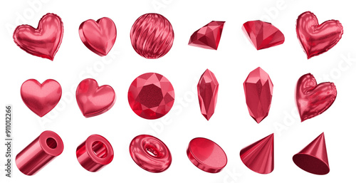 Red objects decoration set element for design pack isolated background 3d rendering	
