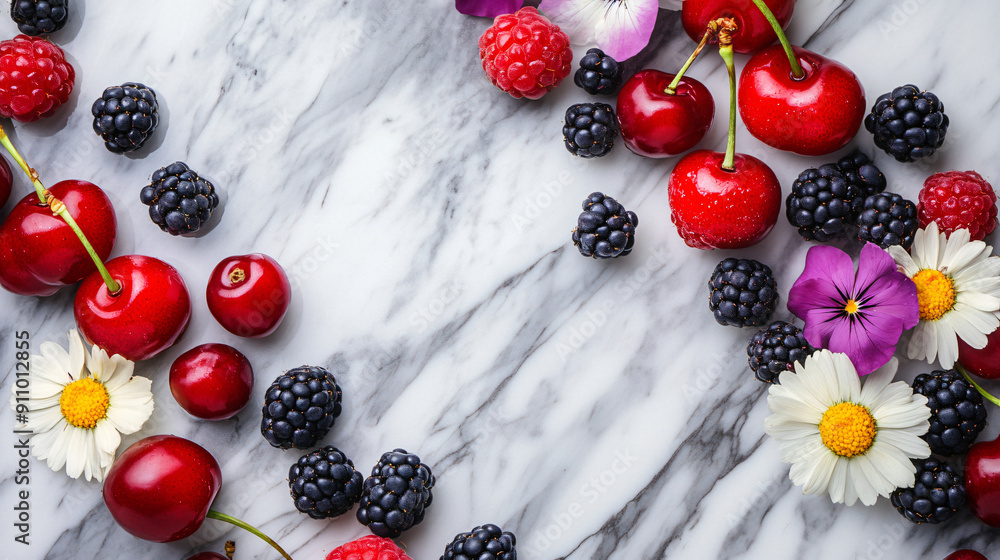 Fresh berries and cherries with edible flowers on a marble background Fresh berries and cherries with edible flowers on a marble background