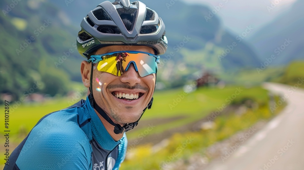 Scenic mountain ride with a smiling European cyclist Scenic mountain ride with a smiling European cyclist