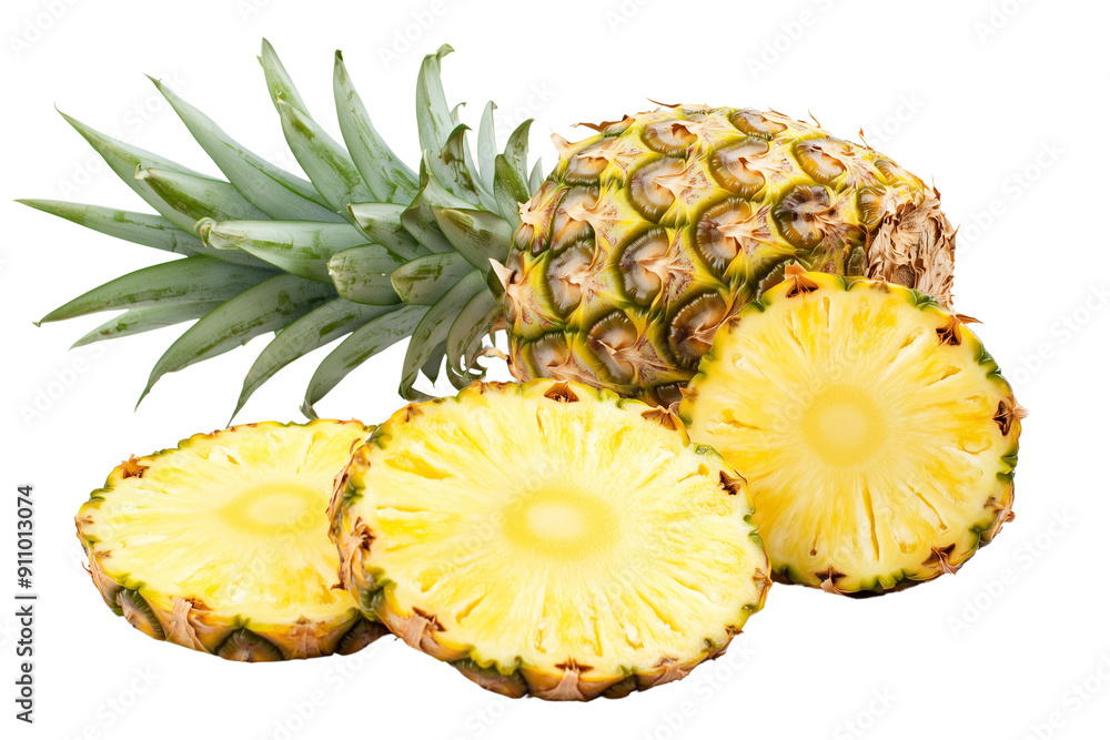 Pineapple cut into slices, whole and sliced pineapple, isolated on a transparent background. Pineapple cut into slices, whole and sliced pineapple, isolated on a transparent background.
