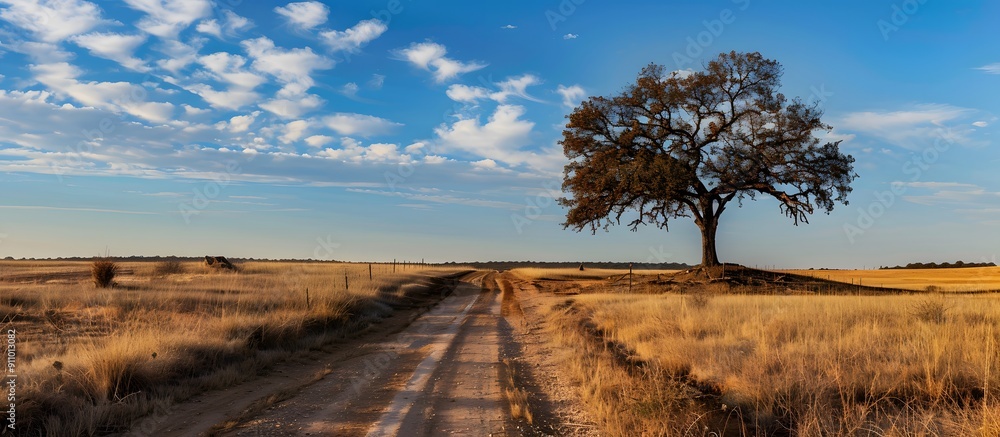 Obraz premium Dirt road in dry fields with tree and blue sky background, landscape photography