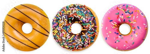 Various donuts,Donuts dough with a colorful sprinkles icingsugar, Chocolate Almond, Cinnamon powder and Sweet Strawberry Jam Donut isolate on white background with clipping path. photo