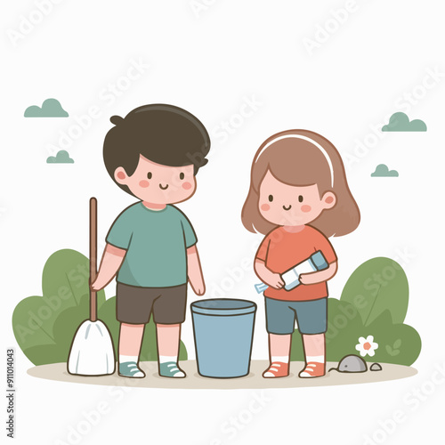 people cleaning nature by collecting garbage into trash bags. Family working together and picking plastic litter. Colored flat vector illustration isolated on white background