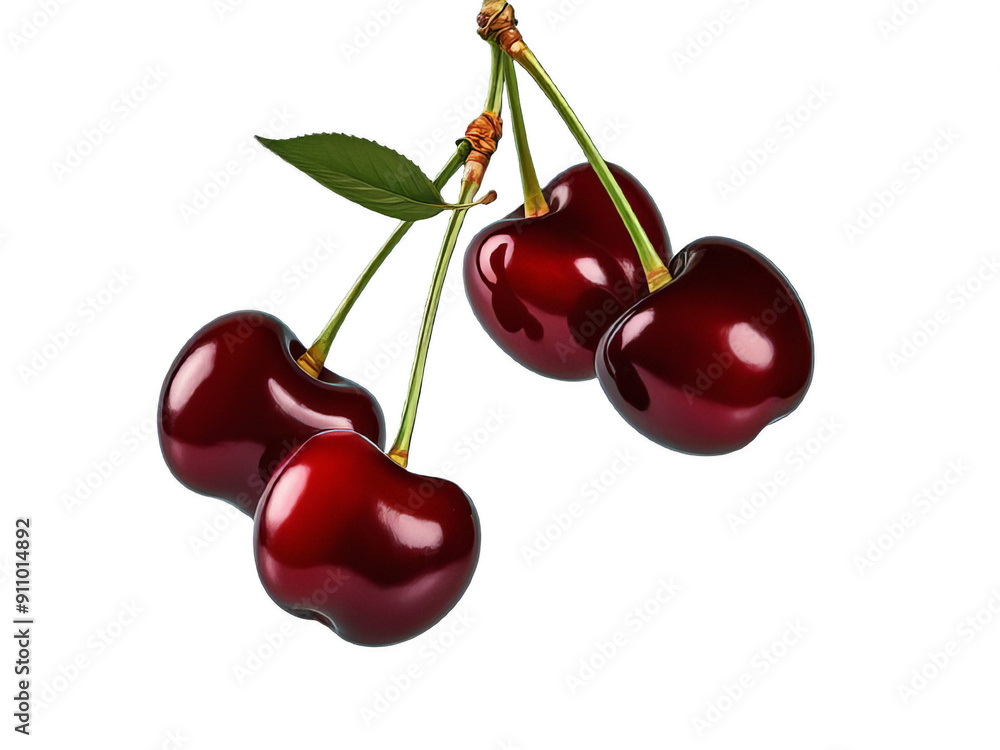 Fresh Cherry Cluster: Ripe Red Cherries with Stems Isolated on White Background for Summer Fruit and Healthy Snack Concepts Fresh Cherry Cluster: Ripe Red Cherries with Stems Isolated on White Background for Summer Fruit and Healthy Snack Concepts