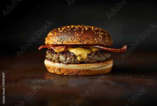 Close-up of a Cheeseburger with Bacon and Sesame Seed Bun photo