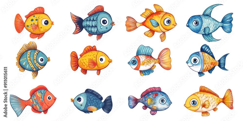 Set of cute childish fish drawn on white background. Set of cute childish fish drawn on white background.