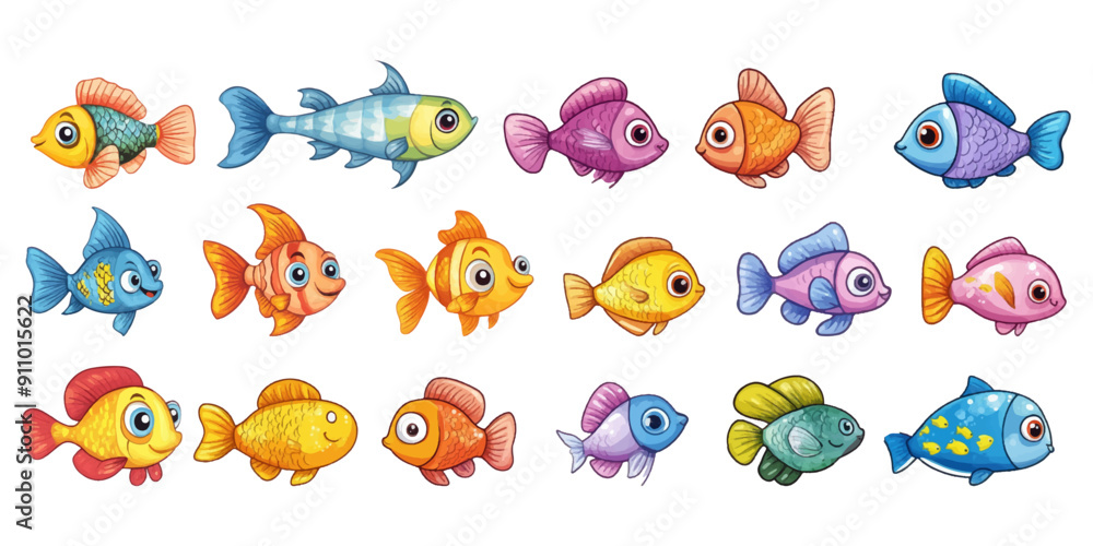 Set of cute childish fish drawn on white background. Set of cute childish fish drawn on white background.