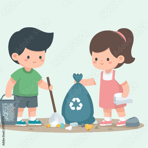 people cleaning nature by collecting garbage into trash bags. Family working together and picking plastic litter. Colored flat vector illustration isolated on white background
