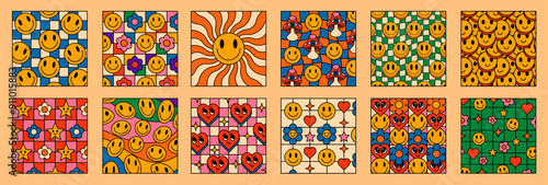 Set Of Groovy Patterns. Collection Of Comic Funny Emoticons Backgrounds. Psychedelic Trippy Vector Illustrations. Pop Art Y2k Cute Smile Prints.