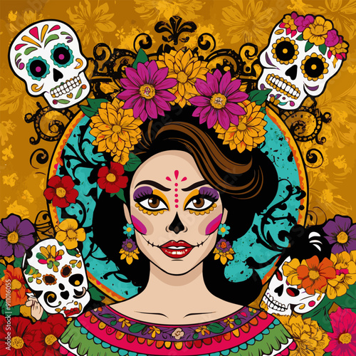 A woman adorned with vibrant sugar skull makeup and floral accents