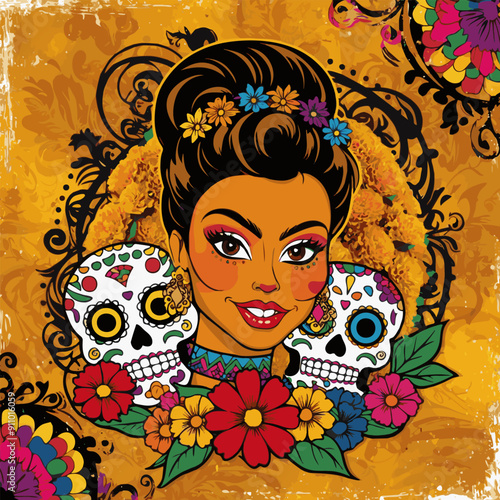 Vibrant illustration of a woman with sugar skulls and flowers for a cultural celebration