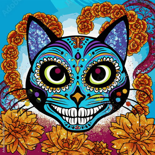 A striking cat design adorned with flowers and intricate patterns