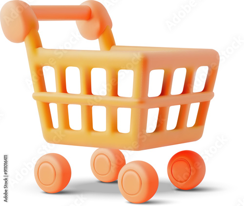 3D illustration of a shopping cart rendered with bright orange tones. This image represents concepts such as shopping, retail, and e-commerce, providing a modern and engaging visual.