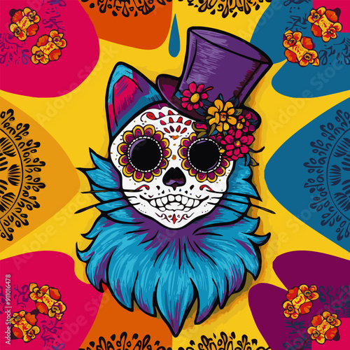 A vibrant cat design adorned with sugar skull elements and flowers