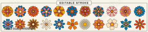 Set Of Groovy Flowers Icon Vector Design. Vintage Retro Funky Blossom Patches. Collection Of Daisy Trippy Stickers.