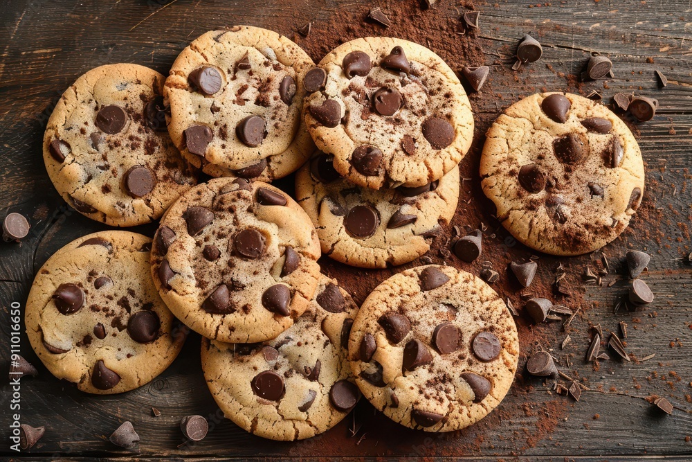 artisanal chocolate chip cookies with goldenbrown edges and melting chocolate morsels arranged on a rustic wooden surface with a dusting of cocoa powder artisanal chocolate chip cookies with goldenbrown edges and melting chocolate morsels arranged on a rustic wooden surface with a dusting of cocoa powder