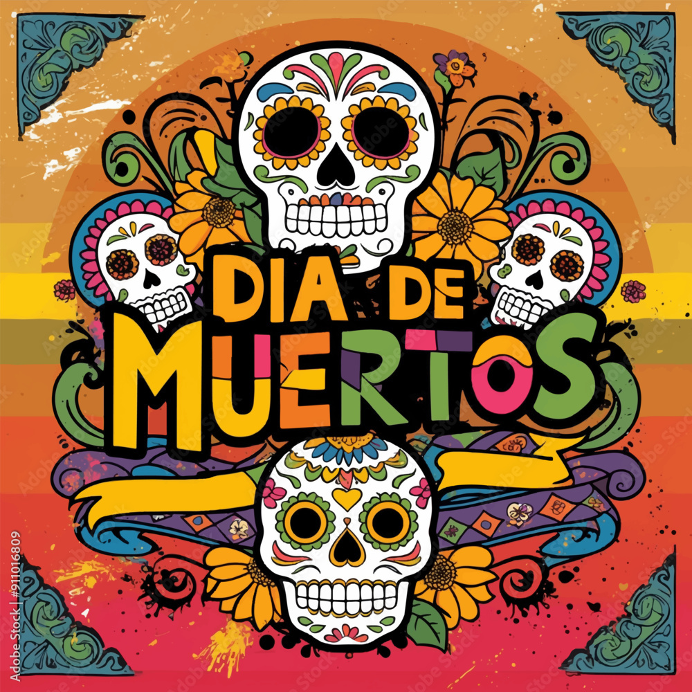 Festive decorations celebrate Dia de Muertos with intricate sugar skulls and flowers Festive decorations celebrate Dia de Muertos with intricate sugar skulls and flowers