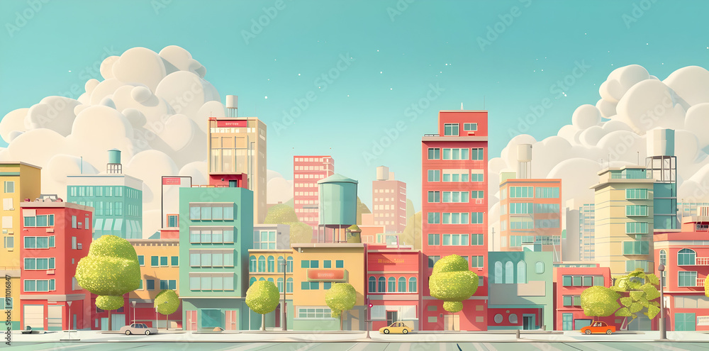 Cityscape Illustration with Cloudy Sky Cityscape Illustration with Cloudy Sky