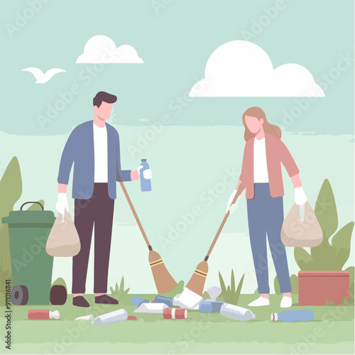 people cleaning nature by collecting garbage into trash bags. Family working together and picking plastic litter. Colored flat vector illustration isolated on white background