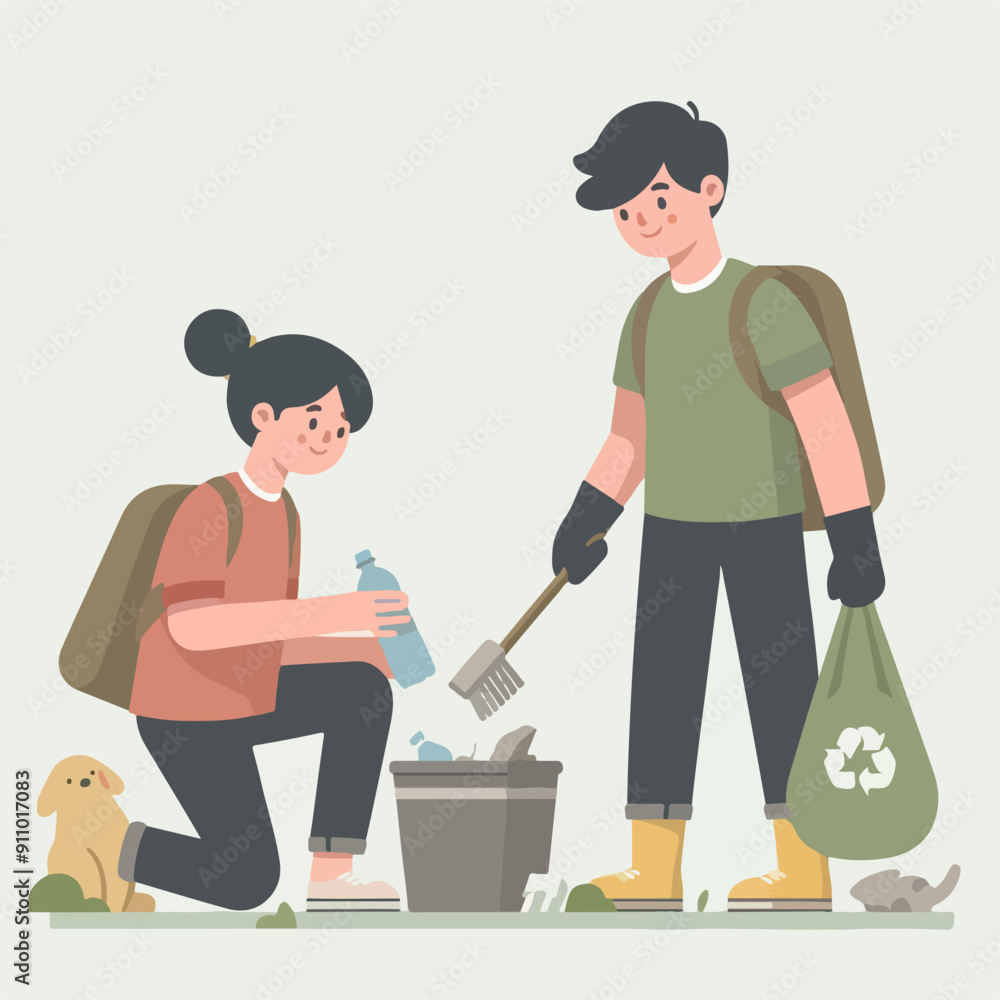 Fototapeta premium people cleaning nature by collecting garbage into trash bags. Family working together and picking plastic litter. Colored flat vector illustration isolated on white background
