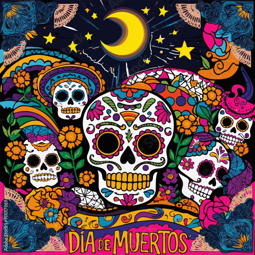 Vibrant skull designs celebrate Día de Muertos with flowers and moonlit background